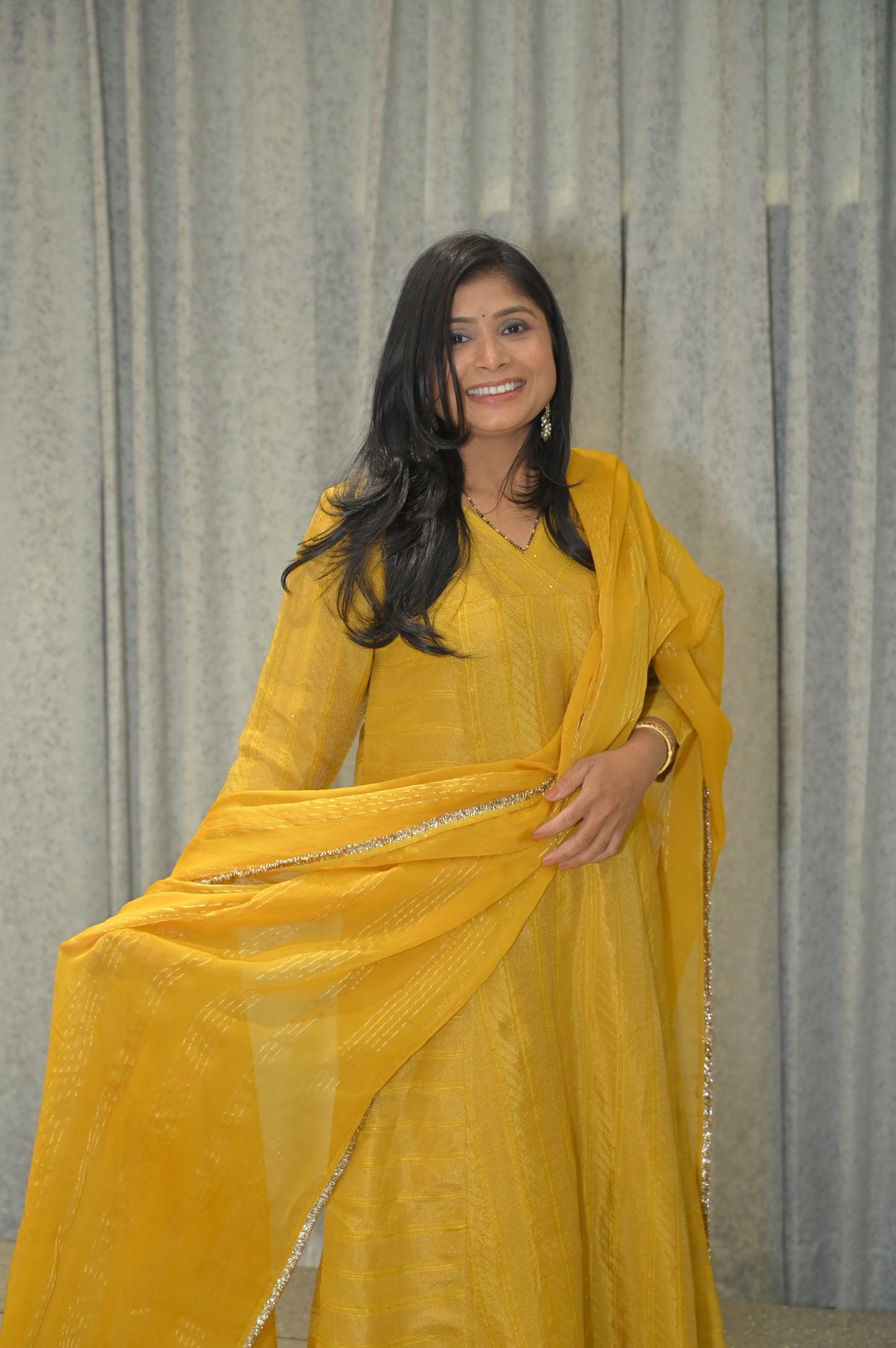 MUSTARD YELLOW PRINCESS CUT KURTA PANT SET