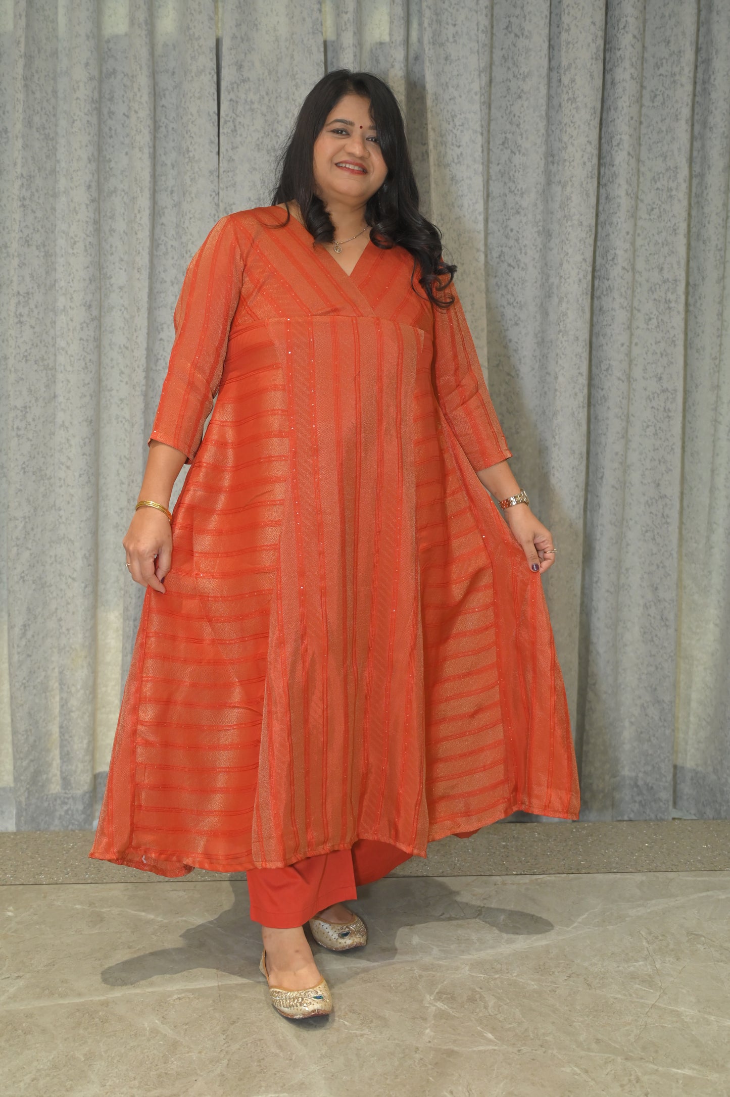 ORANGE PRINCESS CUT KURTA PANT SET