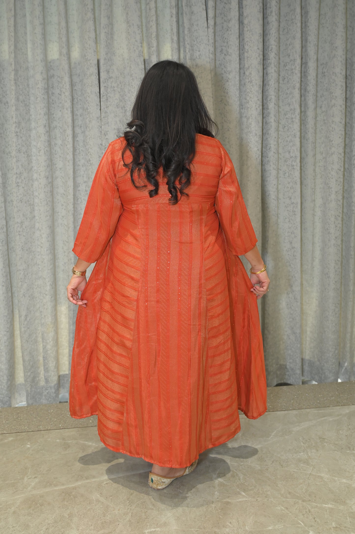 ORANGE PRINCESS CUT KURTA PANT SET