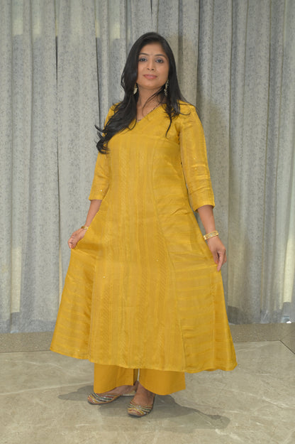MUSTARD YELLOW PRINCESS CUT KURTA PANT SET